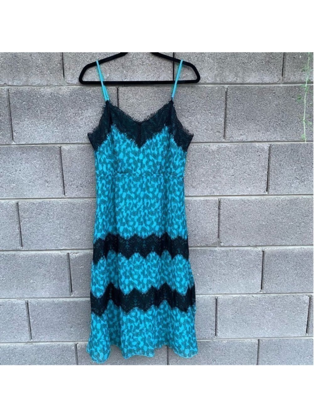 NWT New Foxiedox Anthropologie Dress Teal Blue Black Lace Women’s M Rockabilly